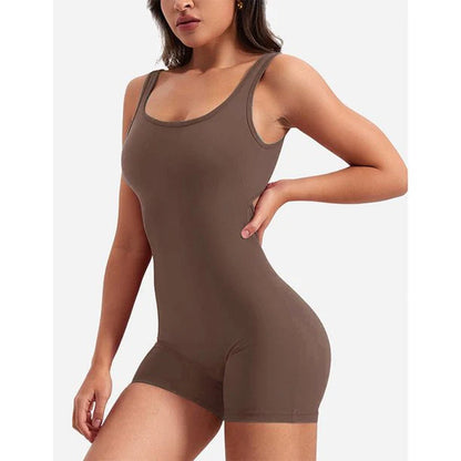 Women's One Piece Jumpsuit with Tummy Control and V-Back Design - Sleeveless Bodycon Yoga Romper with Scrunch Butt and Shorts
