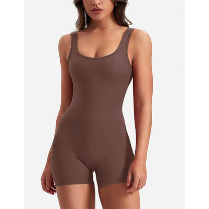 Women's One Piece Jumpsuit with Tummy Control and V-Back Design - Sleeveless Bodycon Yoga Romper with Scrunch Butt and Shorts