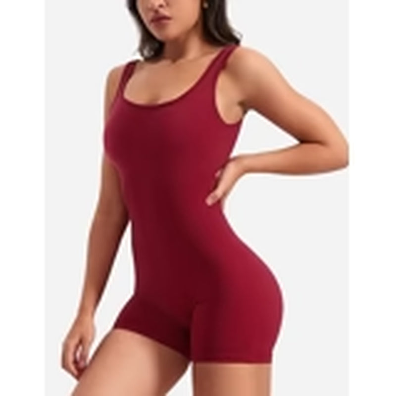 Women's One Piece Jumpsuit with Tummy Control and V-Back Design - Sleeveless Bodycon Yoga Romper with Scrunch Butt and Shorts