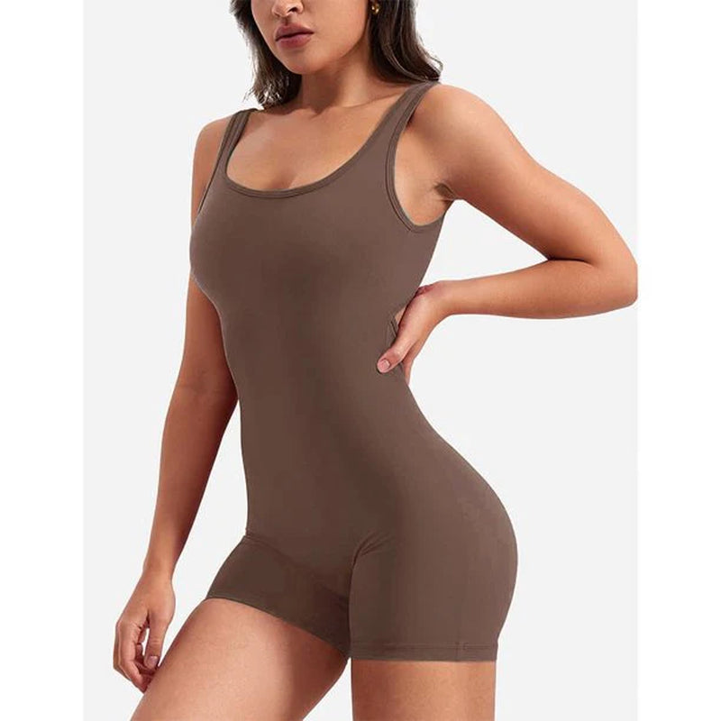 Women's One Piece Jumpsuit with Tummy Control and V-Back Design - Sleeveless Bodycon Yoga Romper with Scrunch Butt and Shorts