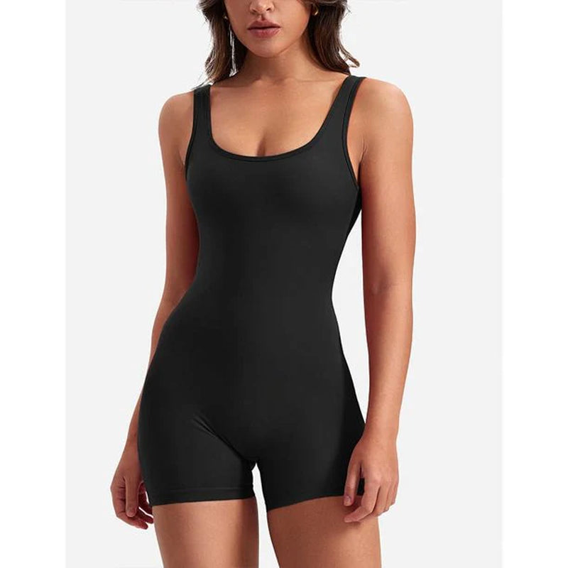 Women's One Piece Jumpsuit with Tummy Control and V-Back Design - Sleeveless Bodycon Yoga Romper with Scrunch Butt and Shorts