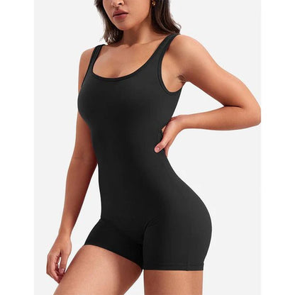 Women's One Piece Jumpsuit with Tummy Control and V-Back Design - Sleeveless Bodycon Yoga Romper with Scrunch Butt and Shorts